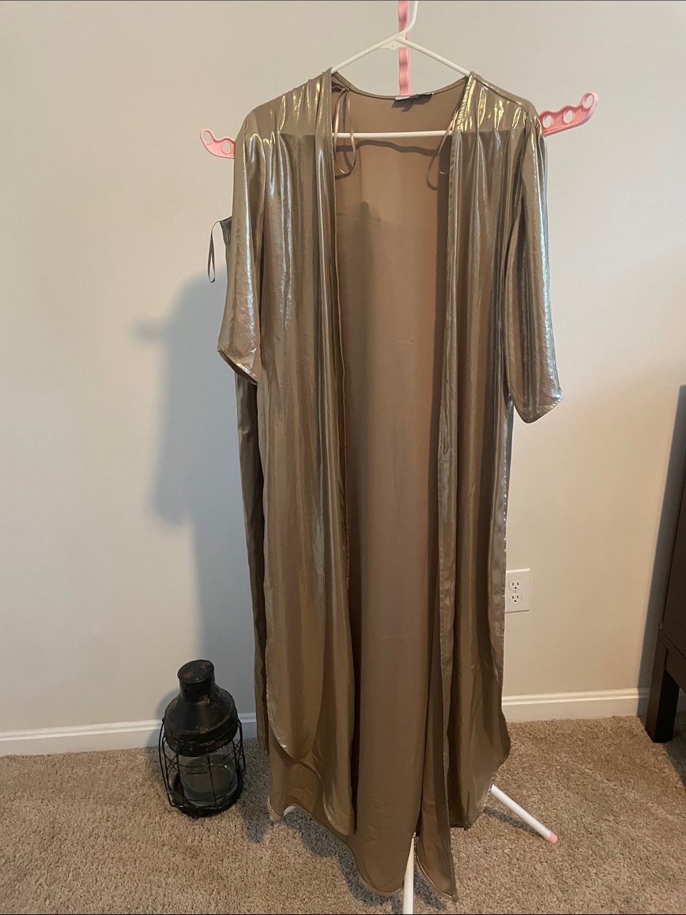 Revolve and My Beachy side liquid gold set. Pants and kimono style jacket.